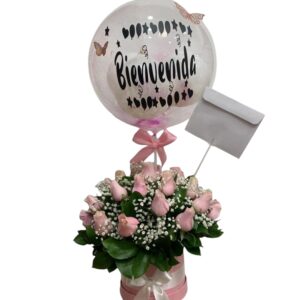 Caja redonda de 24 rosas y globo burbuja