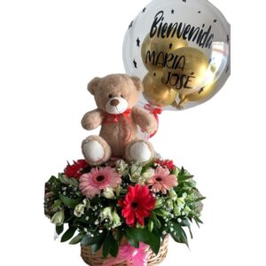 Canasta de gerberas, peluche y globo burbuja