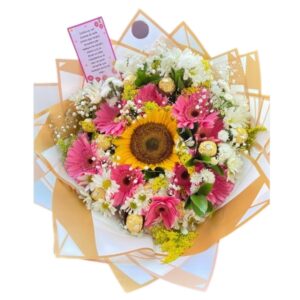 Arreglo bouquet de gerberas, girasol y ferrero