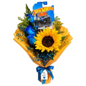 Bouquet de flores y Hot Wheels
