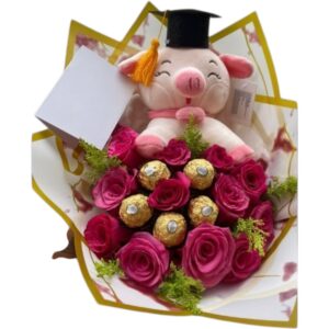 Rosas, ferrero y peluche en bouquet
