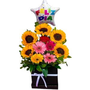 Caja de gerberas y girasoles