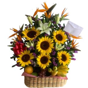 Abanico de flores exóticas y frutas