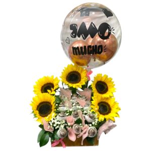 Arreglo de girasoles, fresas y globo