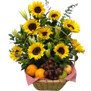 Frutero con girasoles y lirios