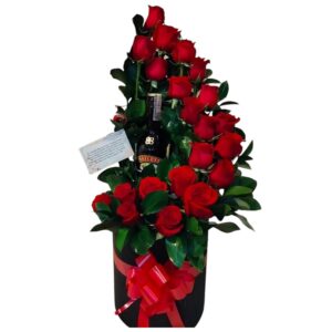 Arreglo de rosas y licor