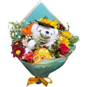 Bouquet de flores surtidas con peluche de grado