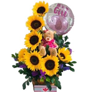 Arreglo de girasoles, peluche y globo