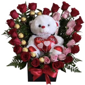 Corazón con rosas, chocolates y peluche