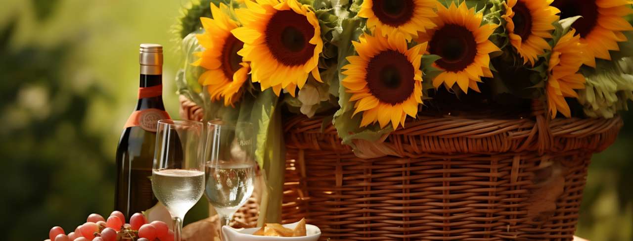 Arreglo floral con girasoles y vino - Un regalo perfecto para celebrar el Día del Hombre con elegancia y estilo.