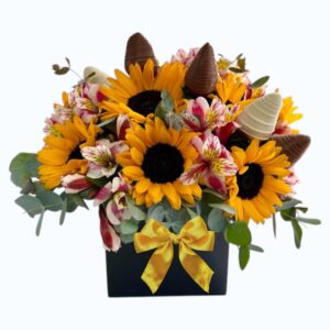 Caja redonda de fresas y girasoles