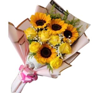 Bouquet de rosas amarillas y girasoles