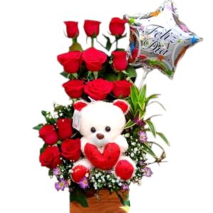 Arreglo de rosas y peluche