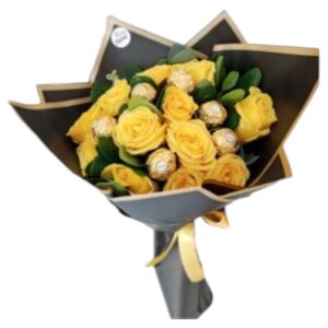 Bouquet de rosas amarillas y chocolates