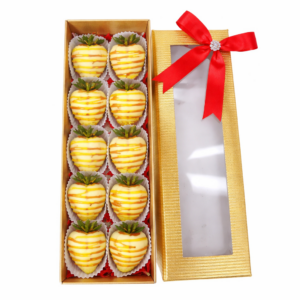 Caja de 10 fresas con chocolate amarillas