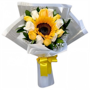 Bouquet de rosas dos tonos y girasol